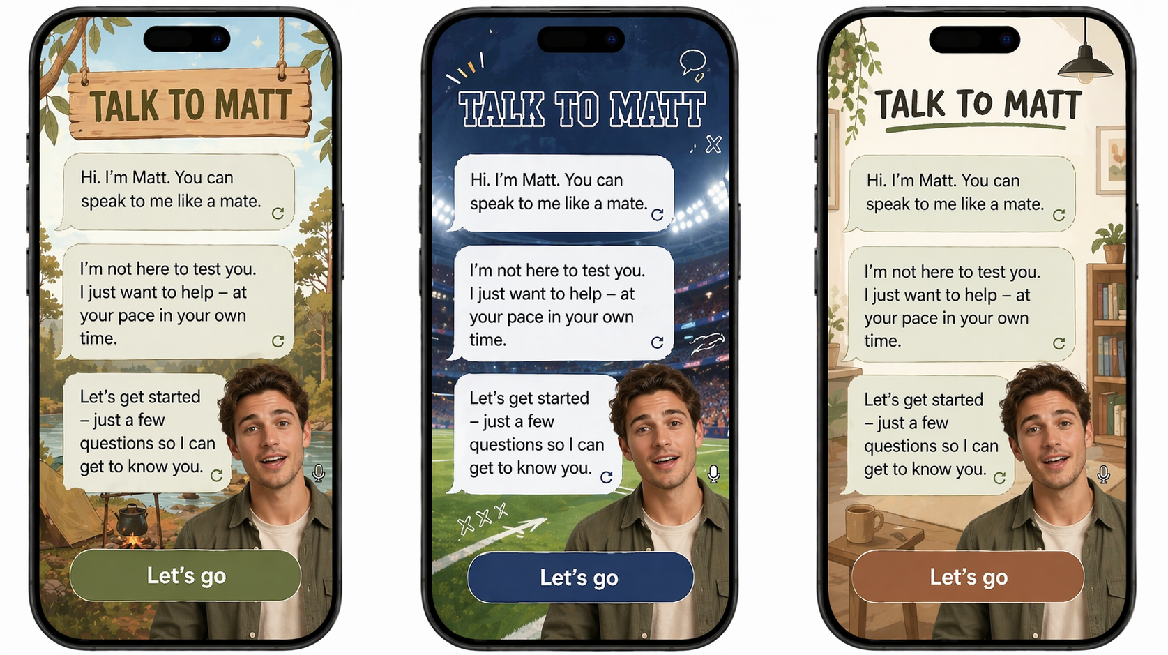 Three phone screens showing Coach Matt arriving in three different background themes: outback/bush, stadium/sport, and a warm indoor setting.